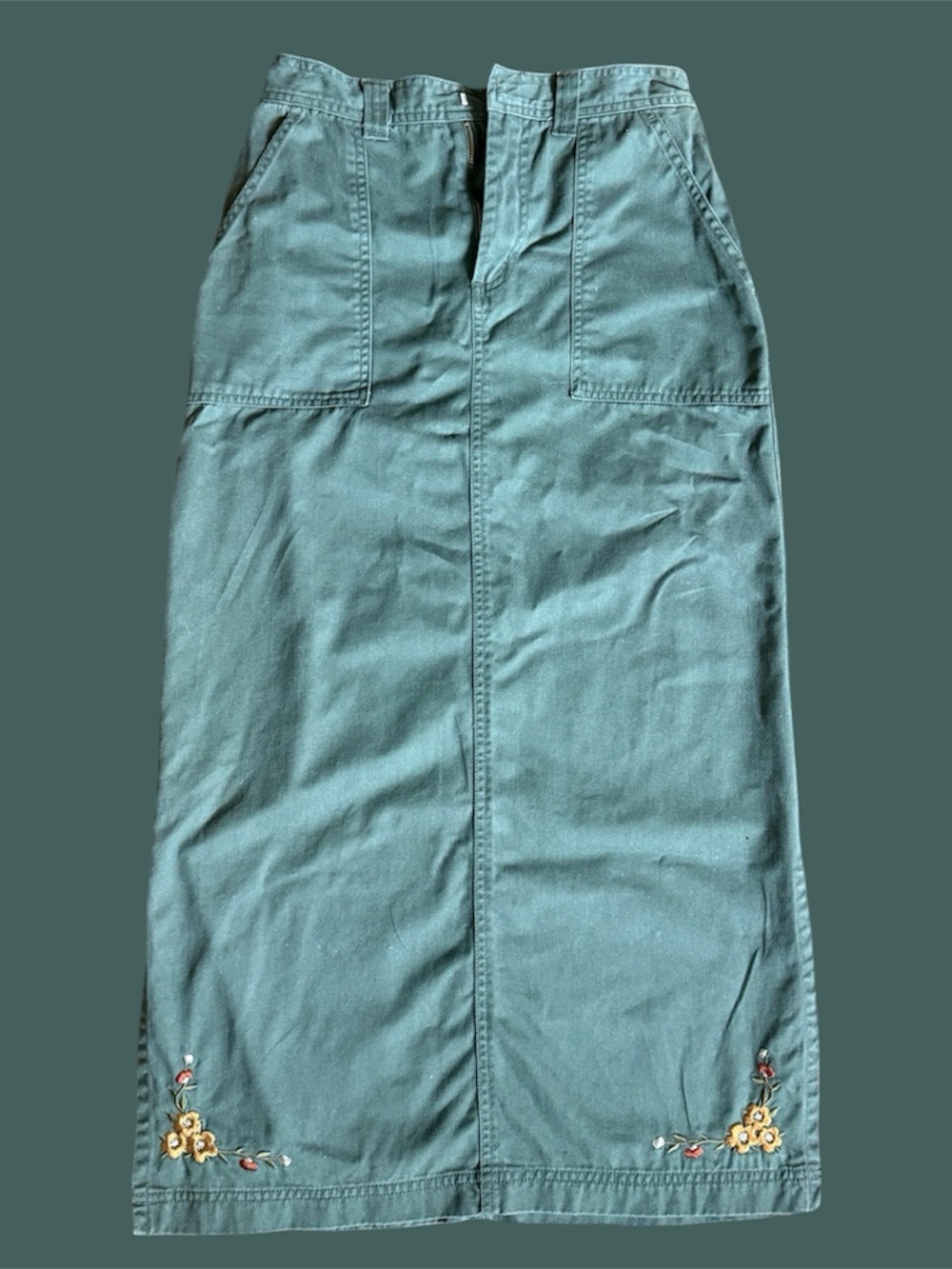 Y2K Cottagecore Army Green Cotton Maxi Skirt with Embroidered Flower Details